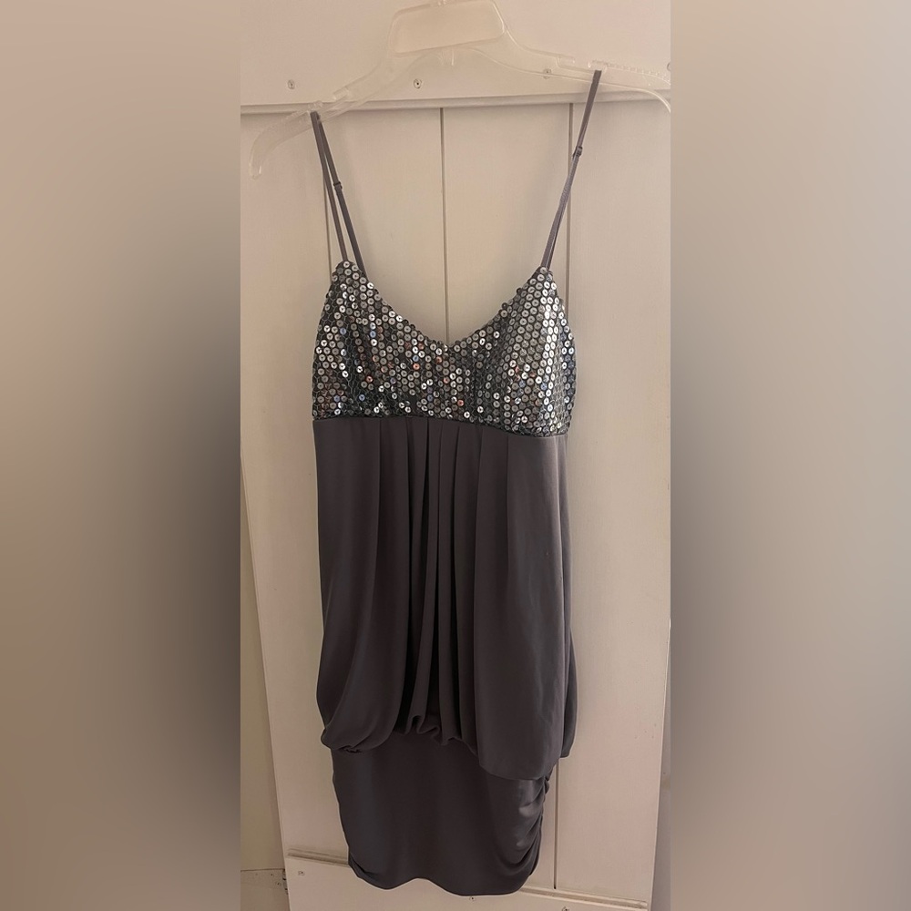 Ruby Rox Sequin-Embellished Grey Spaghetti Strap Dress-FLAWS